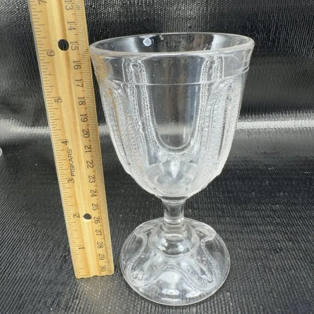 1880s EAPG Adams Glass Curtain Tie‎ Back Goblets Set 2 Manganese 365nm UV Glow